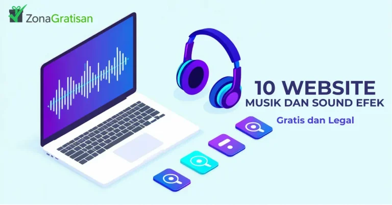Ilustrasi laptop dengan ikon musik dan sound effect untuk artikel 10 website musik gratis bebas royalti dan sound effect gratis legal 2025.