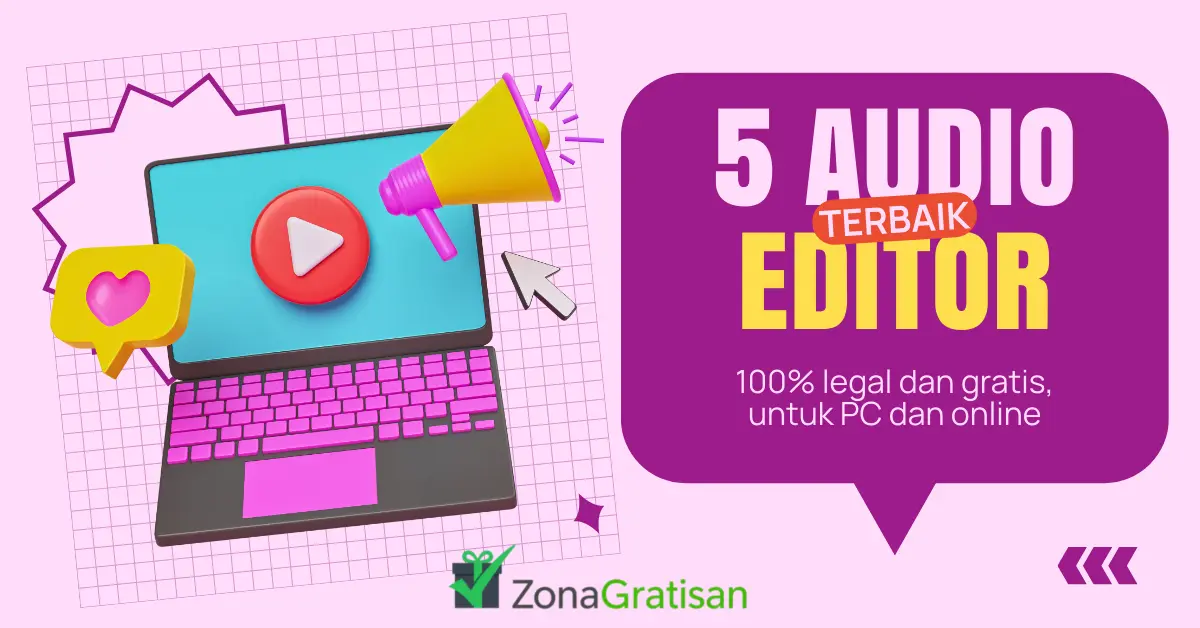 Ilustrasi laptop dan megaphone dengan simbol audio, menggambarkan 5 audio editor gratis terbaik 2025 untuk PC dan online.