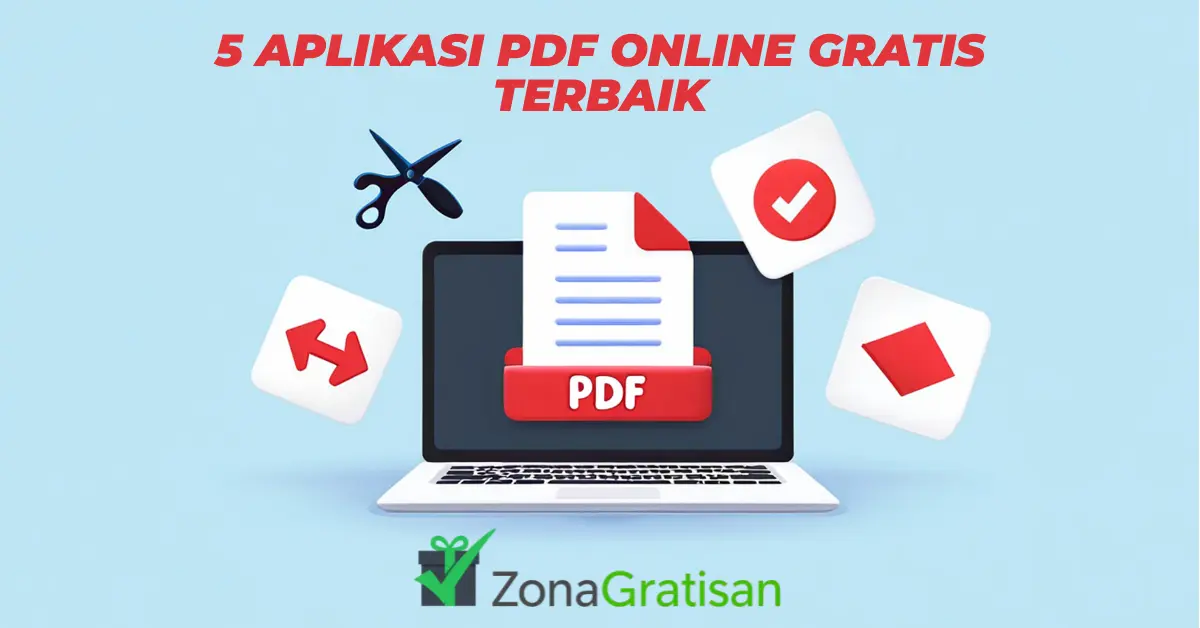 Ilustrasi laptop dengan ikon PDF dan alat edit digital, mewakili aplikasi PDF online gratis terbaik 2025 untuk mengedit dan mengonversi dokumen tanpa software.