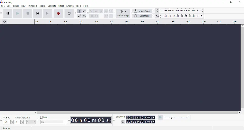 Tampilan Audacity, aplikasi audio editor gratis open-source 2025 dengan fitur rekam, potong, dan efek multitrack.