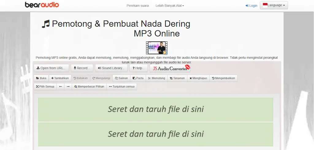 Tampilan Bear Audio Tool di browser, aplikasi audio editor online gratis untuk potong, gabung, dan edit cepat.