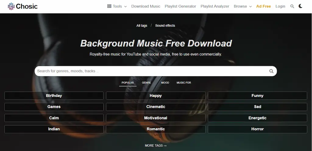 Screenshot Chosic yang menyediakan musik gratis bebas royalti berdasarkan genre, mood, dan lisensi.
