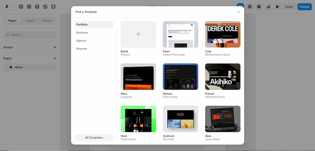 Cuplikan editor Framer, website builder gratis 2025 berbasis AI dengan desain modern dan interaktif.