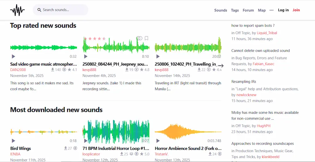 Halaman FreeSound.org yang berisi ribuan sound effect gratis dengan lisensi Creative Commons.
