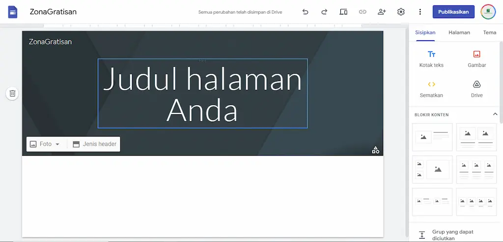 Screenshot Google Sites dari website builder gratis 2025 yang terintegrasi dengan Google Drive dan Workspace.