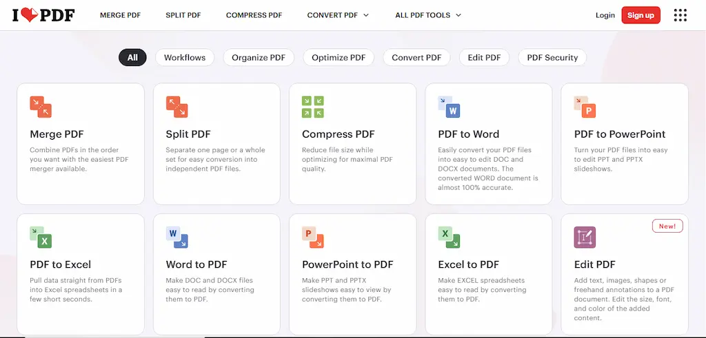 Tampilan antarmuka iLovePDF dari aplikasi PDF online gratis 2025 dengan fitur konversi, kompres, dan gabung dokumen.