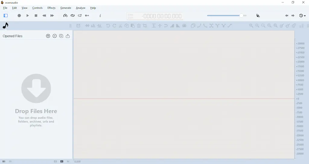 Tampilan antarmuka Ocenaudio, aplikasi audio editor gratis dengan real-time effect preview dan spektrum frekuensi.