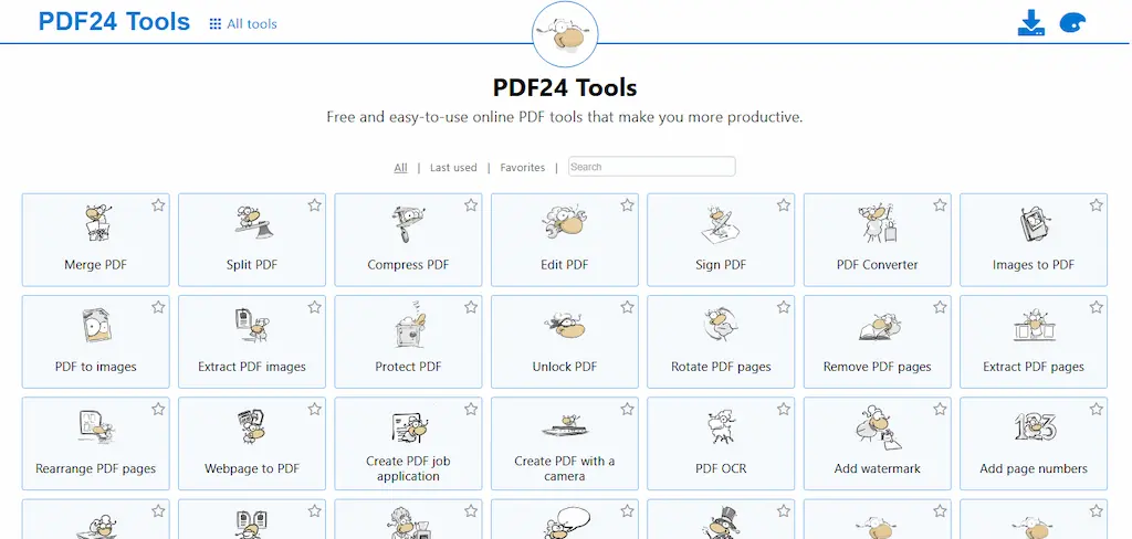 Cuplikan editor PDF24 Tools, aplikasi PDF online gratis 2025 open-source yang ringan dan menjaga privasi pengguna.