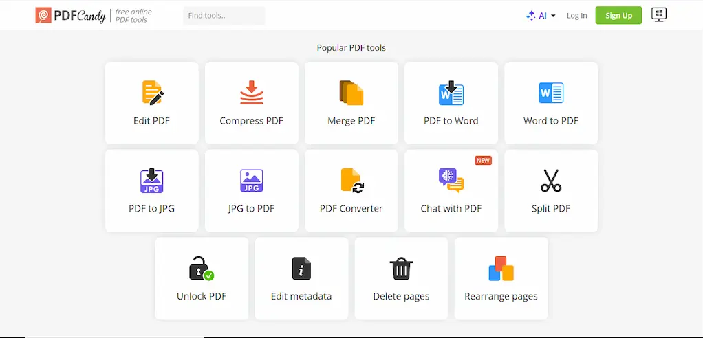 Tampilan editor PDF Candy, aplikasi PDF online gratis 2025 dengan fitur OCR dan konversi teks dari gambar.