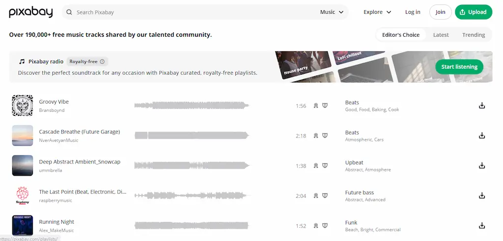 Screenshot halaman Pixabay Music yang menawarkan ribuan musik bebas hak cipta tanpa atribusi.