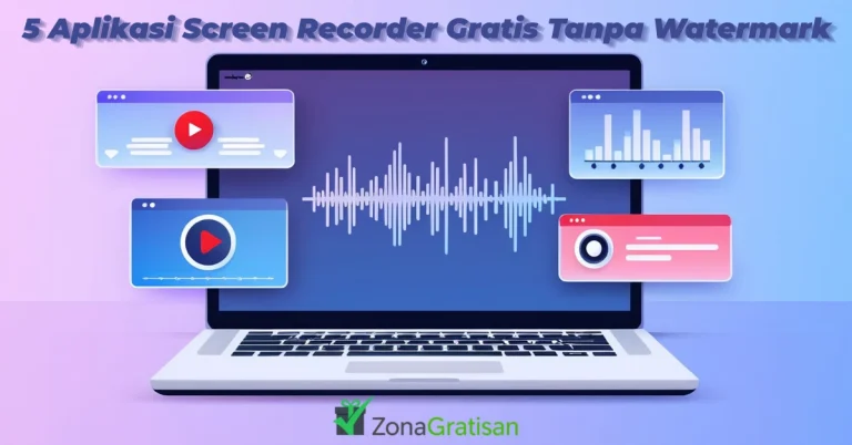 Ilustrasi laptop dengan ikon tombol rekam dan gelombang audio: 5 screen recorder pc gratis tanpa watermark 2025