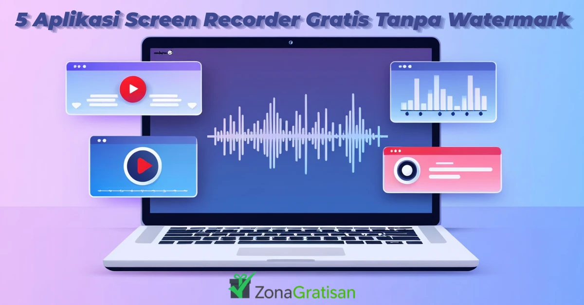 Ilustrasi laptop dengan ikon tombol rekam dan gelombang audio: 5 screen recorder pc gratis tanpa watermark 2025