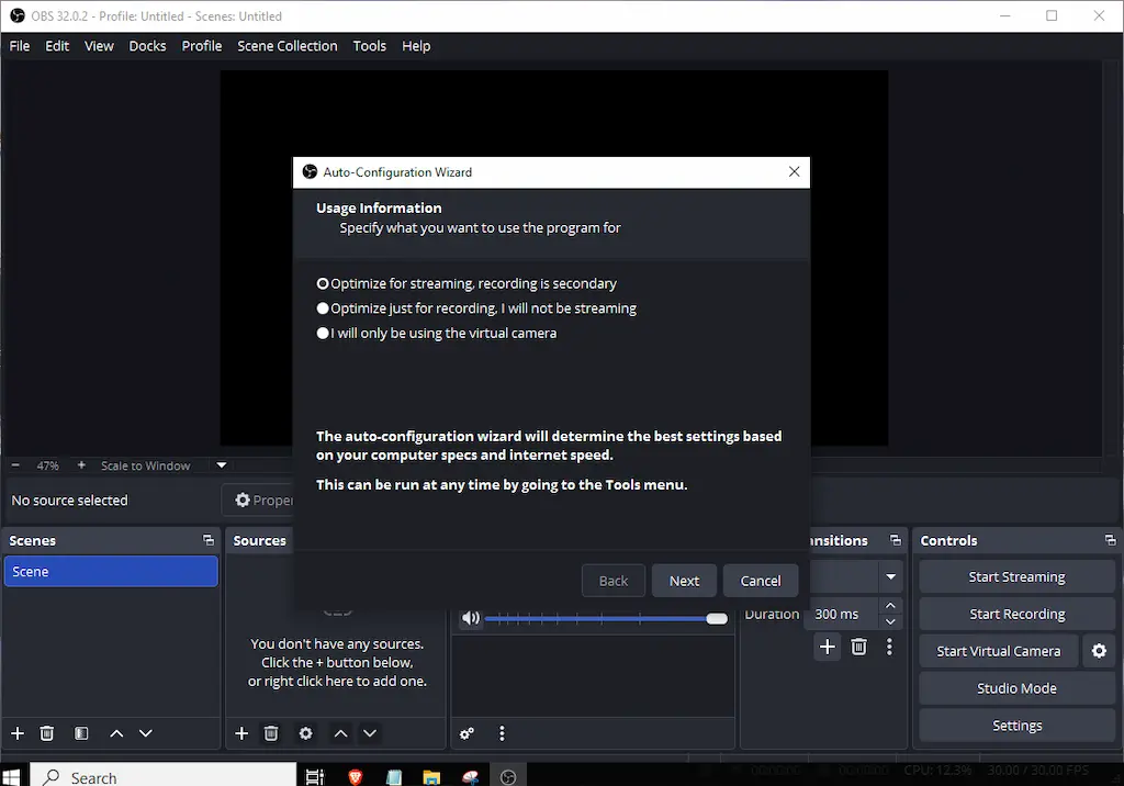 Tampilan antarmuka OBS Studio saat merekam layar di Windows – screen recorder gratis tanpa watermark