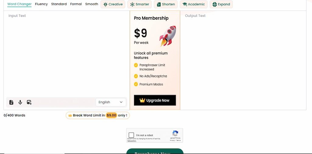 Screenshot Paraphraser.io yang menunjukkan fitur parafrase gratis