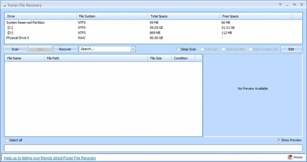 Tampilan Puran File Recovery saat memindai drive untuk menemukan file yang terhapus di Windows