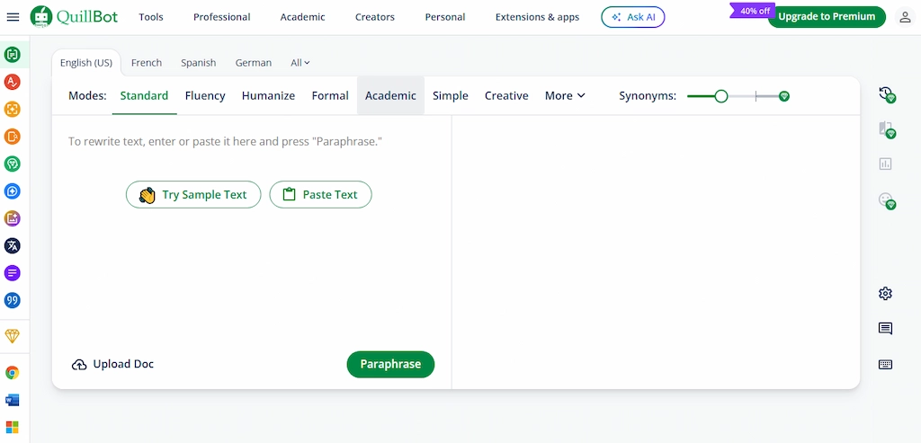Tampilan QuillBot sebagai tool AI parafrase gratis tahun 2025