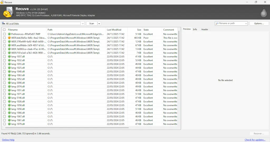 Tampilan Recuva saat memindai file yang terhapus di Windows – software data recovery gratis tanpa batas