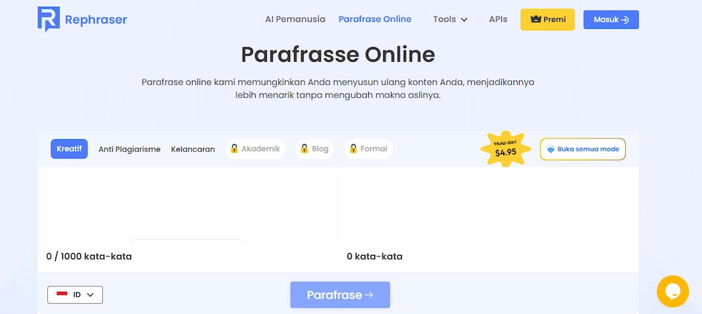 Tampilan Rephraser.co sebagai alat parafrase AI gratis