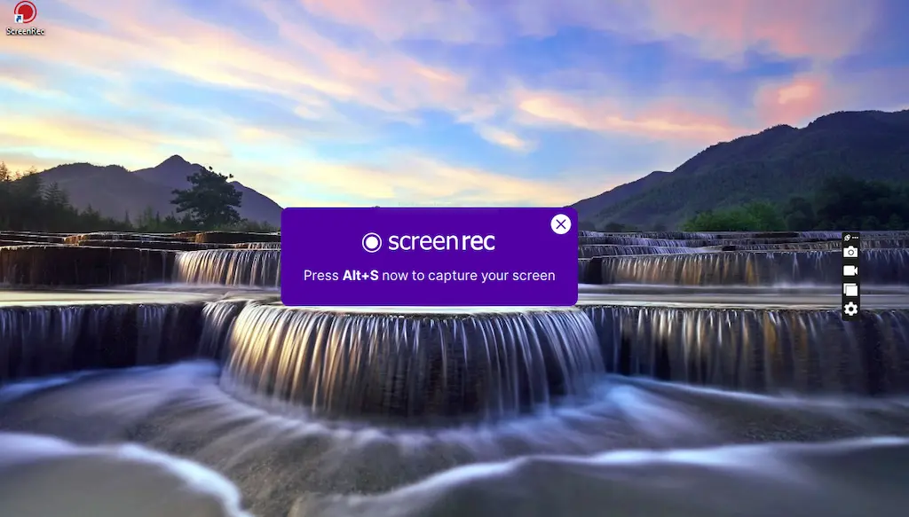 Panel kecil ScreenRec di pojok layar dengan tombol rekam aktif – screen recorder gratis tanpa watermark untuk Windows dan Linux