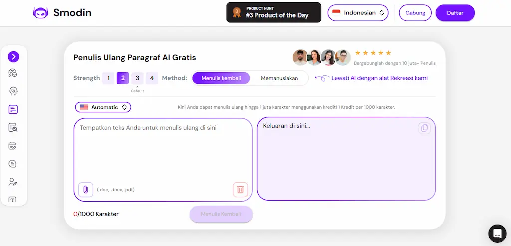 Tampilan fitur tools AI parafrase gratis di Smodin