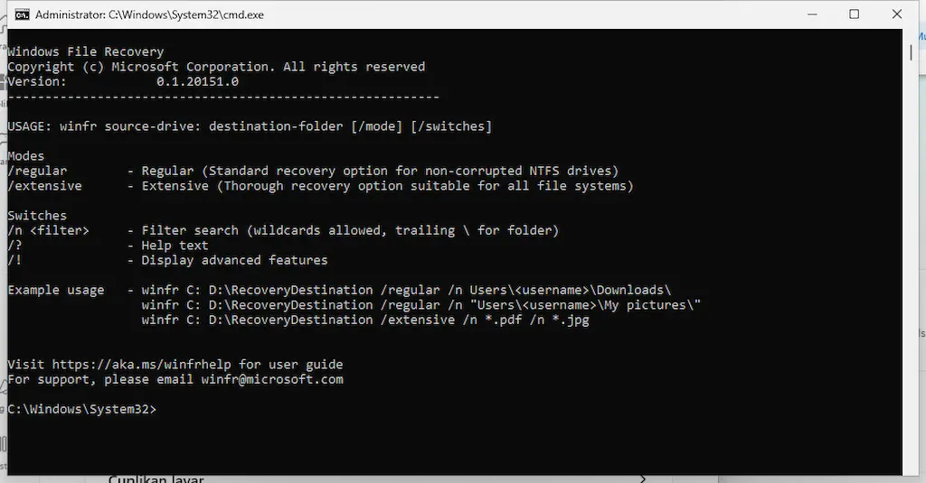 Perintah Windows File Recovery di Command Prompt untuk memulihkan file yang terhapus di Windows 10 dan 11