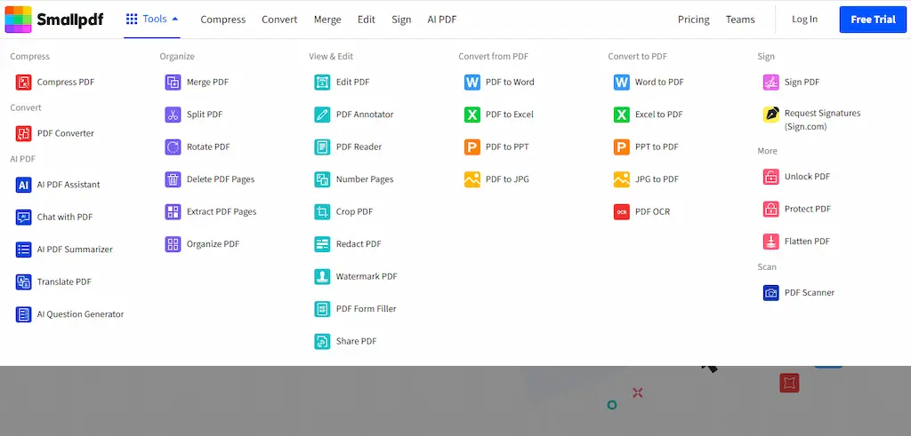Screenshot halaman Smallpdf, aplikasi PDF online gratis 2025 dengan tampilan sederhana dan fitur cepat untuk edit dan konversi.