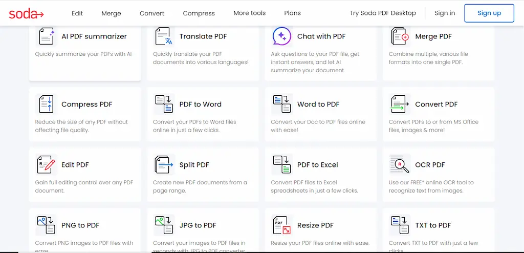 Screenshot Soda PDF Online, aplikasi PDF online gratis 2025 dengan desain modern dan fitur lengkap seperti eSign dan cloud.
