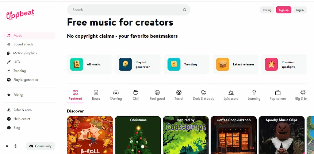 Tampilan beranda Uppbeat yang menyediakan musik bebas copyright untuk YouTube dan TikTok.