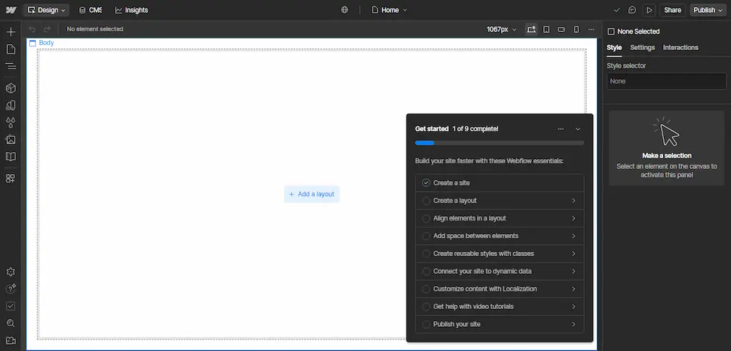 Tampilan editor Webflow, website builder gratis 2025 dengan desain profesional berbasis visual CSS tanpa koding.