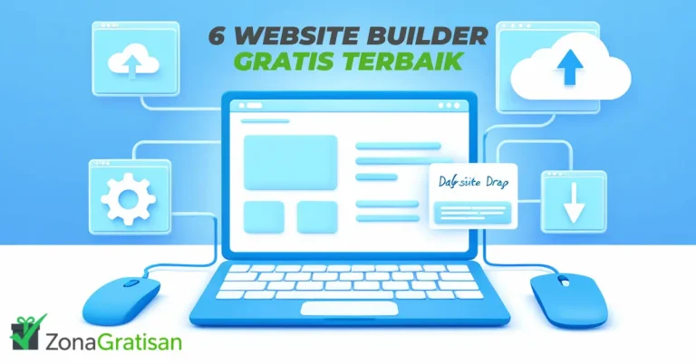 Ilustrasi modern website builder gratis 2025 dengan tampilan laptop dan elemen drag-and-drop, mewakili cara membuat website tanpa koding dengan tools digital gratis.