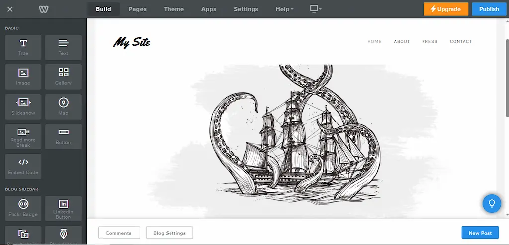 Tampilan antarmuka Weebly, website builder gratis 2025 dengan fitur toko online dan integrasi Square Payment.