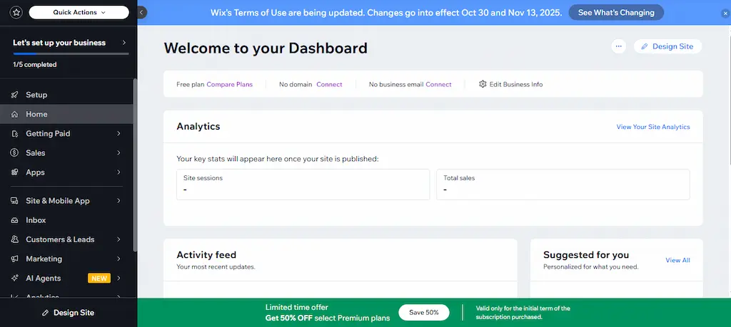 Screenshot dashboard Wix, salah satu website builder gratis 2025 dengan fitur drag-and-drop dan ribuan template desain.