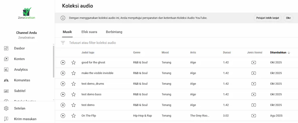 Tampilan YouTube Audio Library yang menyediakan musik dan sound effect gratis bebas copyright untuk video YouTube.