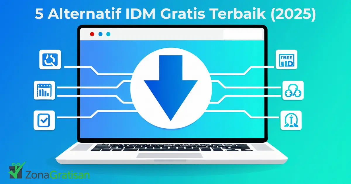 Gambar ilustrasi laptop dengan ikon download untuk artikel alternatif IDM gratis.