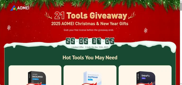 Event AOMEI 2025 Christmas and New Year Giveaway dengan 21 tools software premium gratis untuk pengguna Windows.