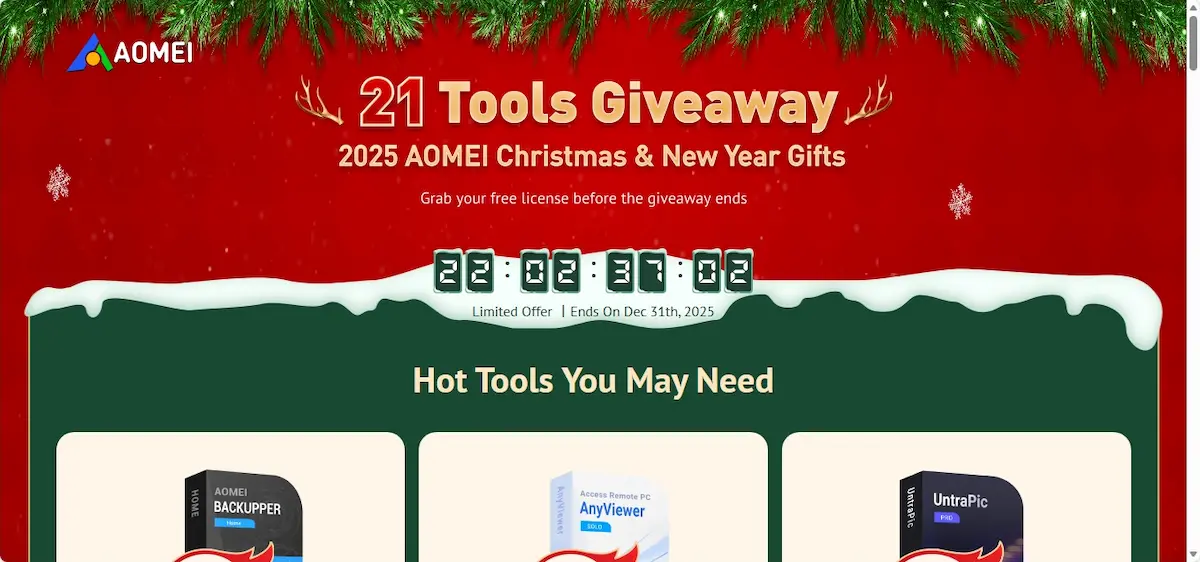 Event AOMEI 2025 Christmas and New Year Giveaway dengan 21 tools software premium gratis untuk pengguna Windows.