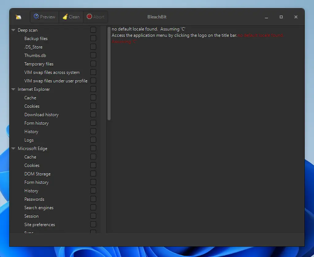 Tampilan aplikasi BleachBit versi Windows.