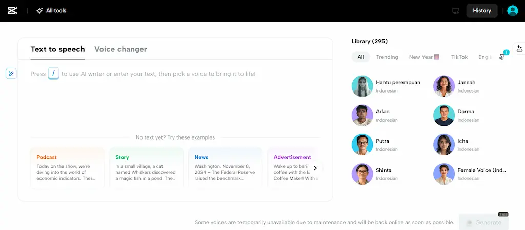 Fitur text-to-speech CapCut untuk voice over Bahasa Indonesia.