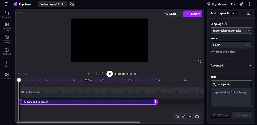 Clipchamp text-to-speech gratis untuk membuat narasi video.