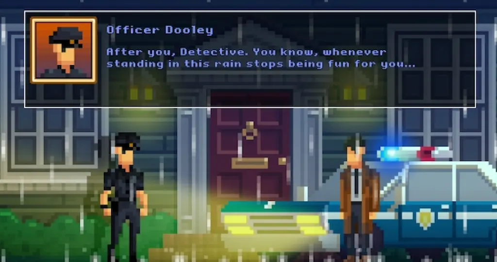 Cuplikan gameplay The Darkside Detective dengan gaya pixel art dan adegan investigasi detektif.
