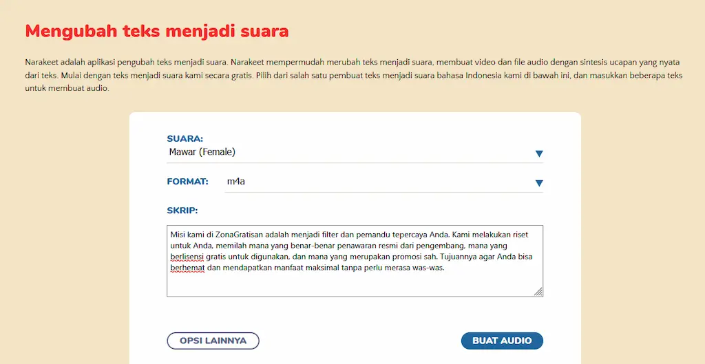 Narakeet AI text-to-speech untuk narasi Bahasa Indonesia.