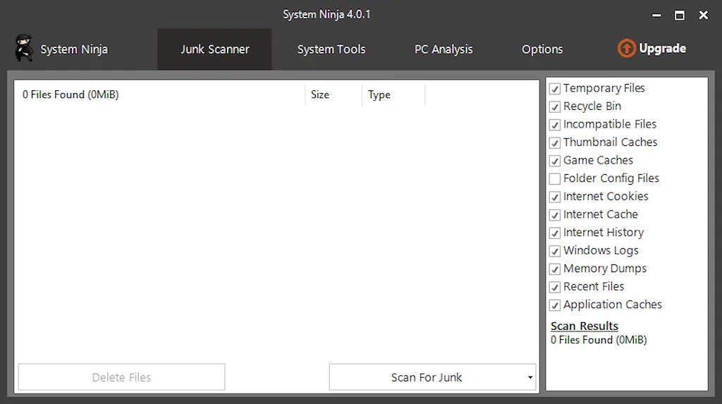 Tampilan aplikasi System Ninja di Windows untuk membersihkan file sampah dan cache sistem.