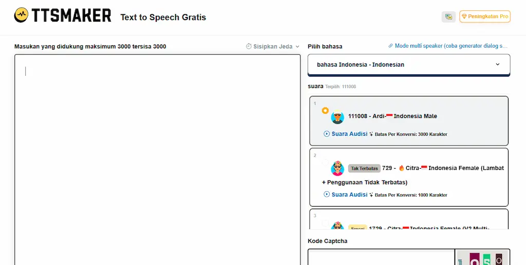 AI text to speech gratis TTSMaker dengan suara Bahasa Indonesia.