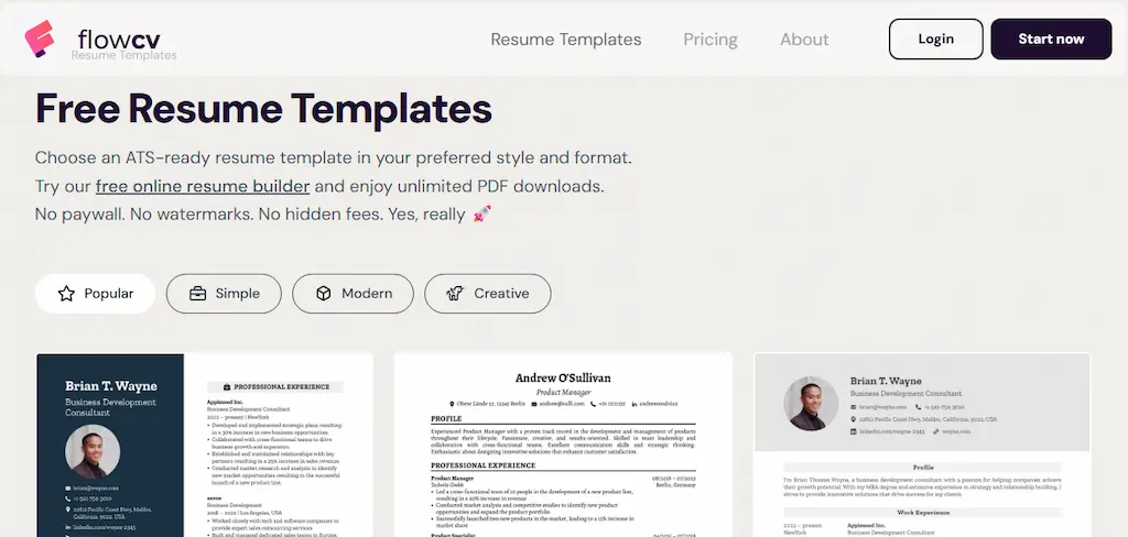 FlowCV situs buat CV lamaran kerja gratis tanpa watermark